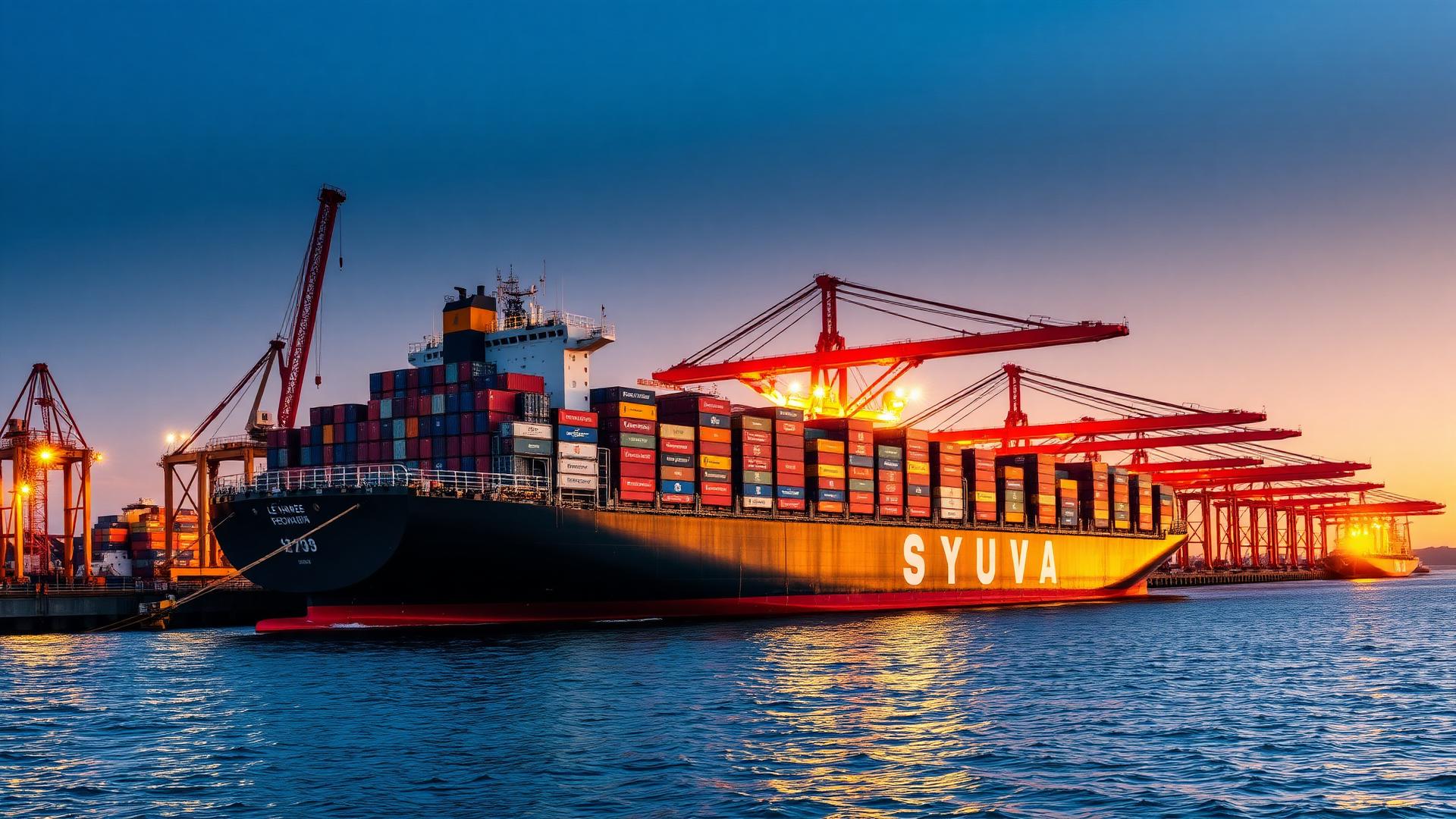 Le Havre port with cargo ship being loaded at golden hour